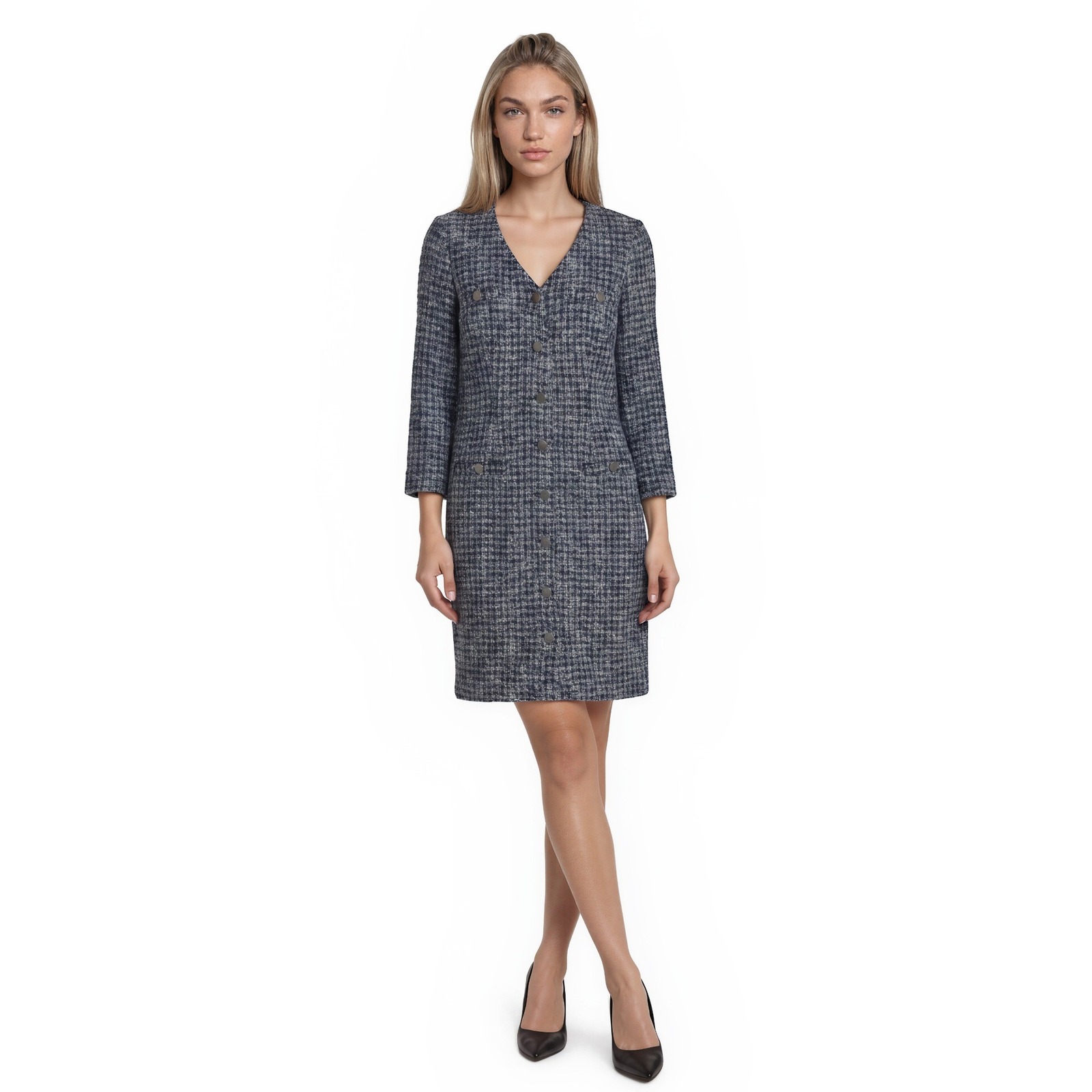 Nwt Talbots Tweed Sheath Dress Women's Size 12 Blue V Neck Knee Length Office